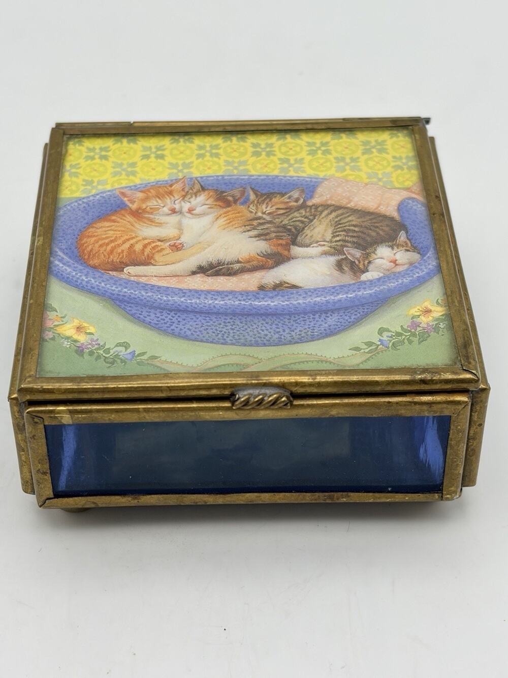 Vtg Via Vermont Stained Glass & Brass Mirrored Sleeping Cats Jewelry Trinket Box